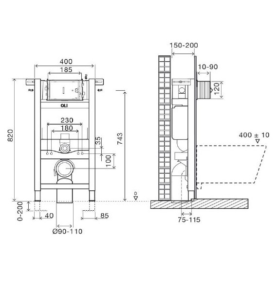 Система инсталляции "Oli" для подвесного унитаза "Expert  Evo" пневматическая   400*820*150мм с кнопкой хром