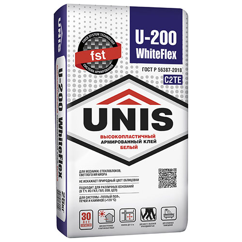 Клей для плитки/ мрамора/ мозаичной и стеклянной плитки Юнис WHITEFLEX U-200 белый (класс C2 TE) 25кг