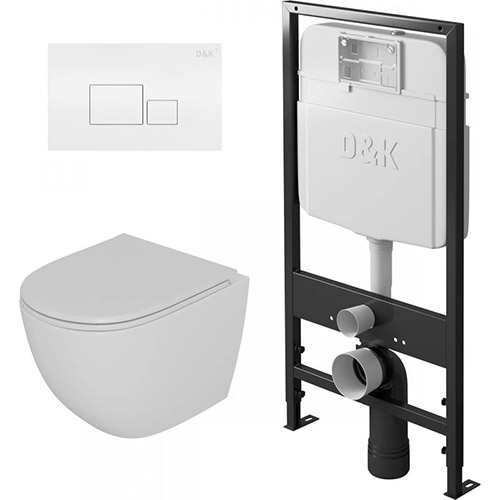 Унитаз &quot;D&K Matrix DT1396016&quot; подвесной, безободковый, с инсталляцией &quot;D&K DI8055119&quot;, с кнопкой &quot;Quadro DB1519016&quot;, белый