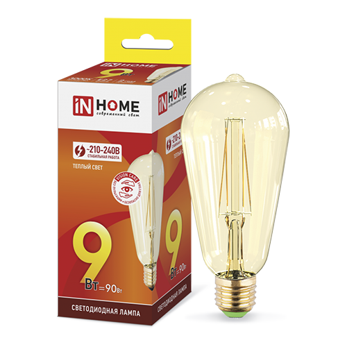 Лампа светодиодная ST64 9Вт Е27 220В 3000К 810Лм золотистая LED-ST64-deco &quot;IN HOME&quot;