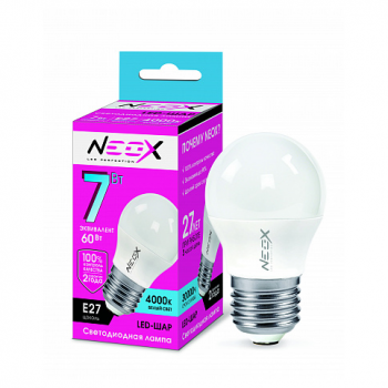 Лампа светодиодная "NEOX LED-P45" Е27, 7Вт, 220В, 4000К, 560Лм, шар матовый