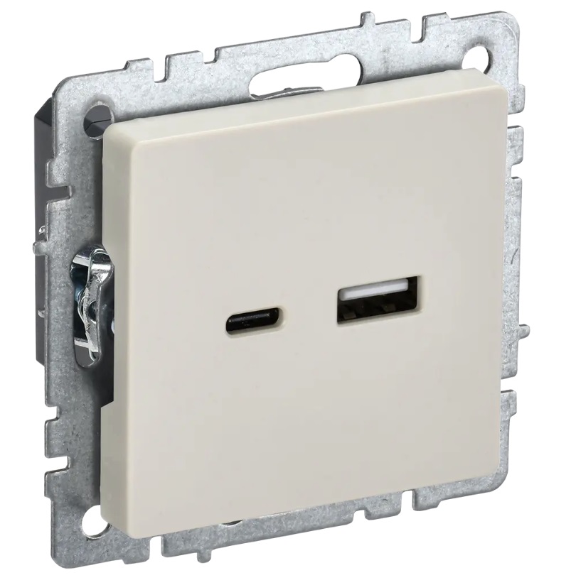 Розетка USB 2-ая A+C "BRITE" с/п, 18Вт, механизм (без рамки), беж. IEK