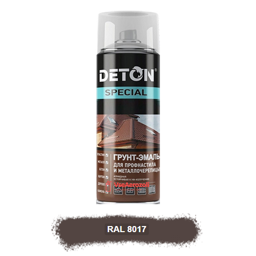 Грунт-эмаль аэрозольная шоколадно-коричневая для профнастила и металлочерепицы "DETON Universal", 520мл