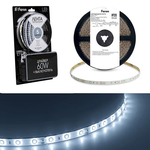 Лента светодиодная &quot;Feron&quot; SMD5050, 12В, 3метра, 60LED, 14,4Вт/м, IP20, белая, с драйвером