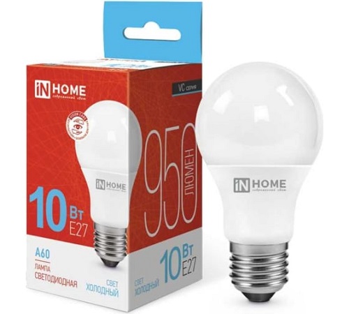 Лампа светодиодная A60 10Вт Е27 220В 6500К 900Лм LED-A60-VC "IN HOME"