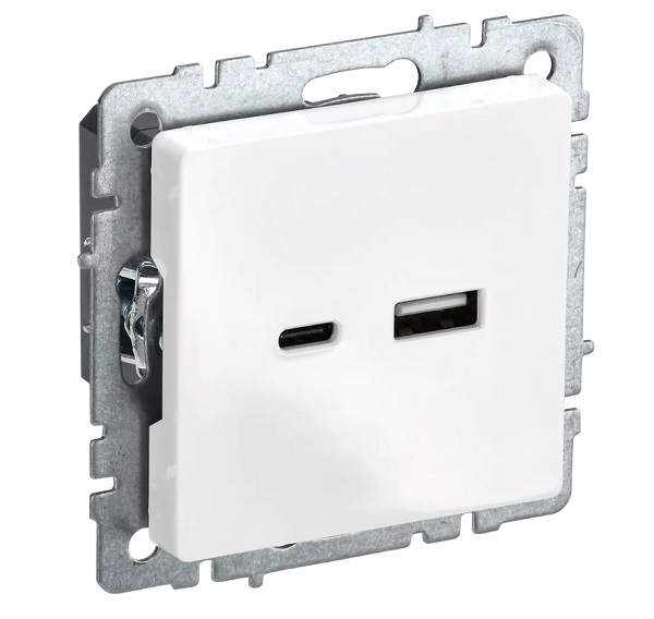 Розетка USB 2-ая A+C "BRITE" с/п, 18Вт, механизм (без рамки), бел. IEK
