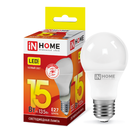 Лампа светодиодная A60 15Вт Е27 220В 3000К 1350Лм LED-A60-VC "IN HOME"
