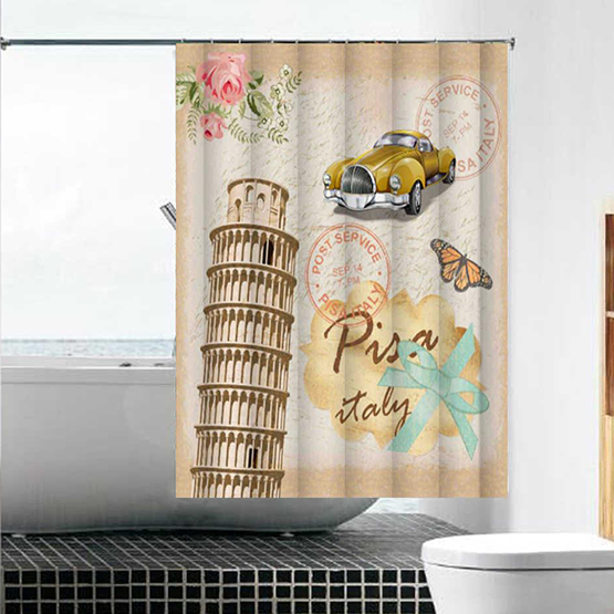 Шторка для ванной "Пизанская башня" "MZ-109" в комплекте с кольцами 1800*1800мм полиэстер