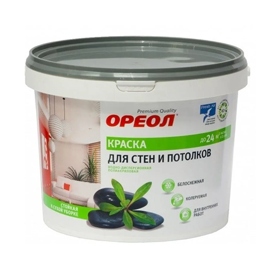 Краска водоэмульсионная для стен и потолков белоснежная "Ореол", 3кг