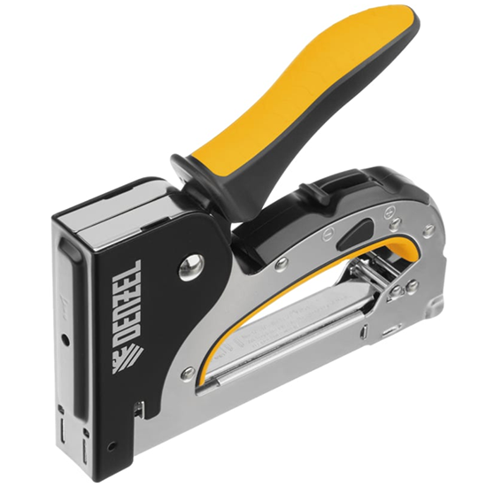 Степлер "Denzel" мебельный стальной корпус, быстрая загрузка, регул. силы удара, скобы 4-14мм, тип 53/А