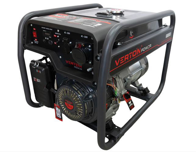Генератор бензиновый VERTON POWER GG6500 (5,0/5,5 кВт, 230В, 13л.с., 389 см3, Цифр. дисплей (вольтметр, частота, моточасы), хром. теплоизолятор глушителя, ручной старт, DC 12В,  розетки 1*16А+1*32А+вилка, бак 22л)