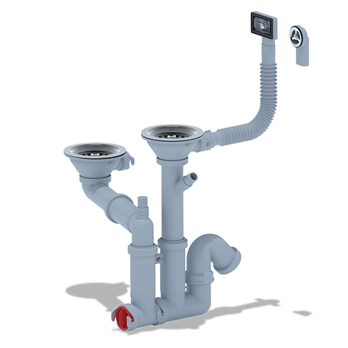 Сифон для мойки двойной, смещенный со стальным выпуском, прямоугольным и круглым переливом, с отводом под стиральную машину 3.1/2"*40, "Ани Пласт", F7500S