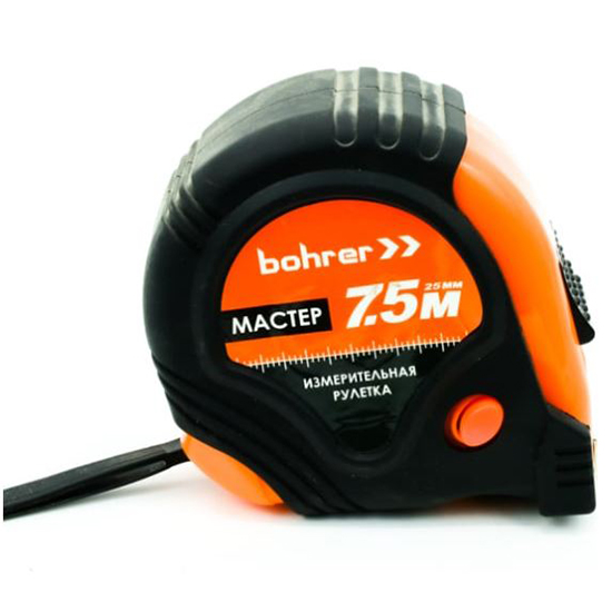 Рулетка  7,5м*25мм, Мастер. 3 фиксации обрезиненный корпус
