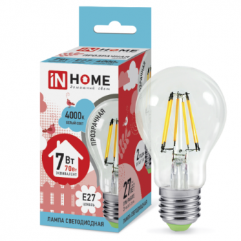 Лампа светодиодная "IN HOME LED-A60-deco" A60, Е27, 7Вт, 220В, 4000К, 630Лм, прозрачная