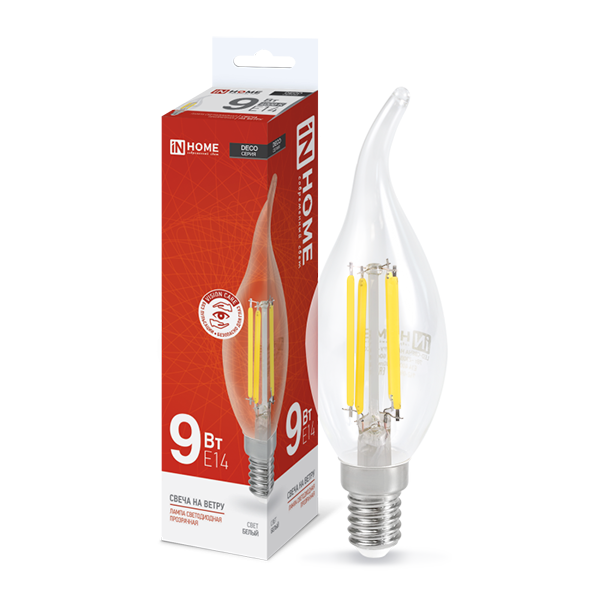 Лампа светодиодная 220В  9Вт Е14 4000К 1040Лм свеча на ветру прозрачная "IN HOME"