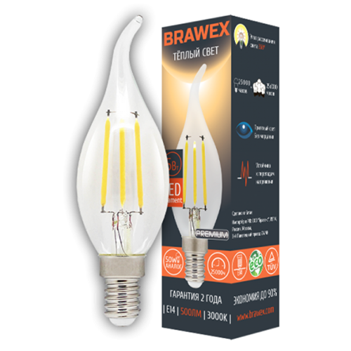 Лампа светодиодная 220В  5Вт Е14 3000К 500Лм свеча &quot;BRAWEX&quot;