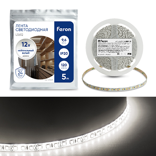 Лента светодиодная &quot;Feron&quot; LS612, 120SMD(2835), 12В, 5метров, 9,6Вт/м, IP20, белая 4000k